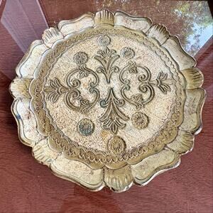 Vintage Italian Florentine Gold Gilt  Round Tray, Scalloped Made in Italy